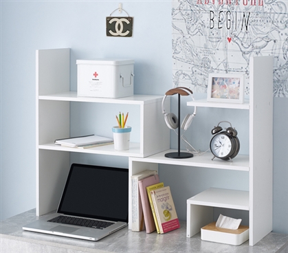 Yak About It Compact Adjustable Dorm Desk Bookshelf - White 