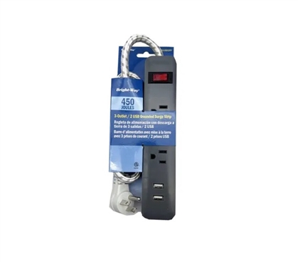 Bright-Way 3 Outlet Grounded Surge Protector with 2 USB Ports 
